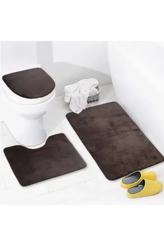 Unicolor Düz 3'lü Kahve Banyo Paspası Halısı Seti Kaymaz Deri Tabanlı Yıkanabilir Klozet Takımı-Kahverengi 