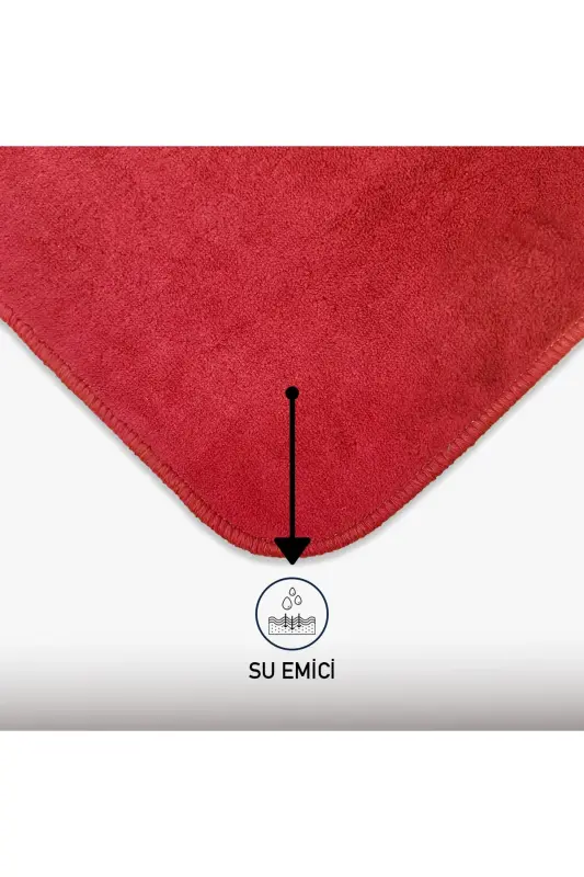 Unicolor Düz 3'lü Kırmızı Banyo Paspası Halısı Seti Kaymaz Deri Tabanlı Yıkanabilir Klozet Takımı-Kırmızı - 4