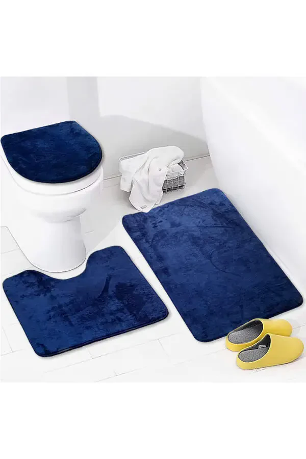 Unicolor Düz 3'lü Lacivert Banyo Paspası Seti Kaymaz Deri Tabanlı Makinede Yıkanabilir Klozet Takımı-Lacivert - 1