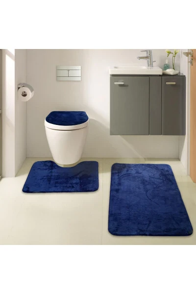 Unicolor Düz 3'lü Lacivert Banyo Paspası Seti Kaymaz Deri Tabanlı Makinede Yıkanabilir Klozet Takımı-Lacivert - 7