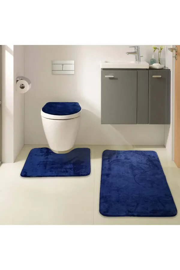 Unicolor Düz 3'lü Lacivert Banyo Paspası Seti Kaymaz Deri Tabanlı Makinede Yıkanabilir Klozet Takımı-Lacivert - 7