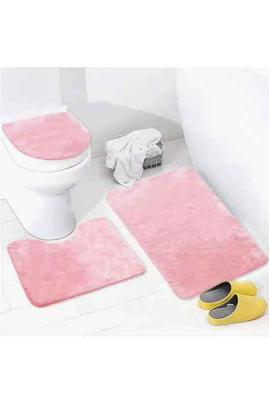 Unicolor Düz 3'lü Pembe Banyo Paspası Halısı Seti Kaymaz Deri Tabanlı Yıkanabilir Klozet Takımı-Pembe - AVANTAJ