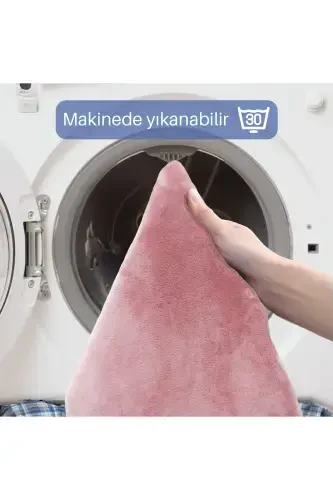 Unicolor Düz 3'lü Pembe Banyo Paspası Halısı Seti Kaymaz Deri Tabanlı Yıkanabilir Klozet Takımı-Pembe - 5
