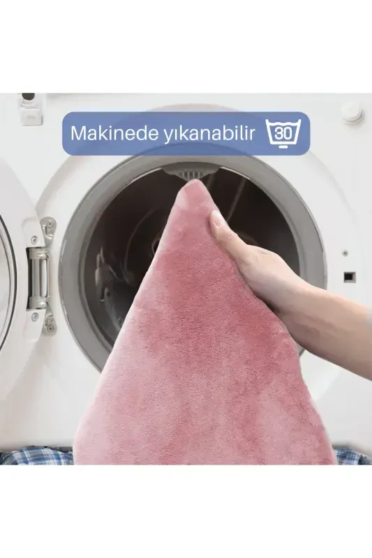 Unicolor Düz 3'lü Pembe Banyo Paspası Halısı Seti Kaymaz Deri Tabanlı Yıkanabilir Klozet Takımı-Pembe - 5