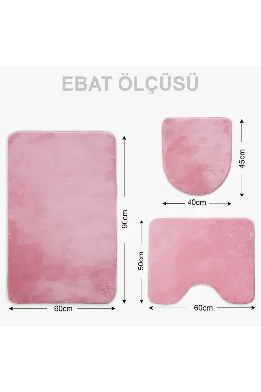 Unicolor Düz 3'lü Pembe Banyo Paspası Halısı Seti Kaymaz Deri Tabanlı Yıkanabilir Klozet Takımı-Pembe - 6