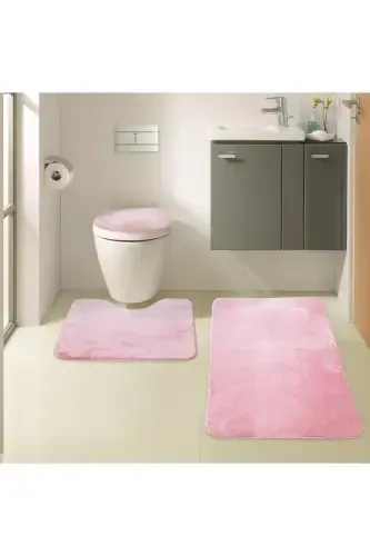 Unicolor Düz 3'lü Pembe Banyo Paspası Halısı Seti Kaymaz Deri Tabanlı Yıkanabilir Klozet Takımı-Pembe - 7