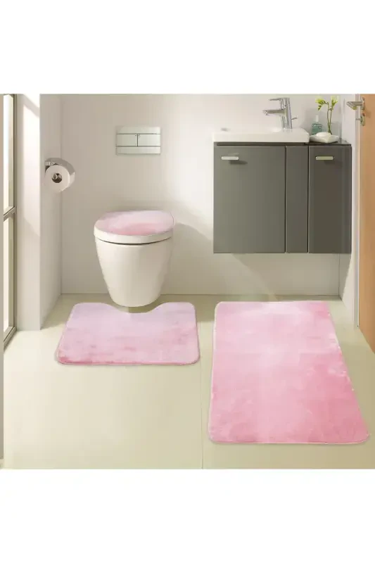 Unicolor Düz 3'lü Pembe Banyo Paspası Halısı Seti Kaymaz Deri Tabanlı Yıkanabilir Klozet Takımı-Pembe - 7