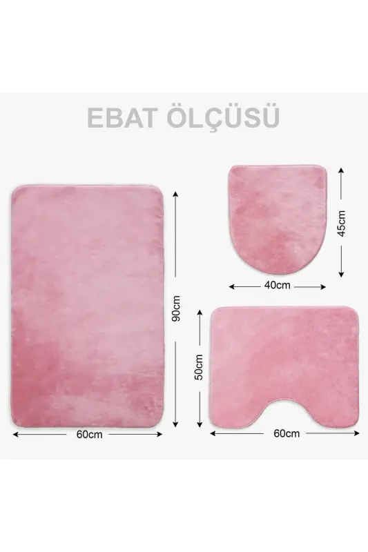 Unicolor Düz 3'lü Pembe Banyo Paspası Halısı Seti Kaymaz Deri Tabanlı Yıkanabilir Klozet Takımı - Pembe - 6