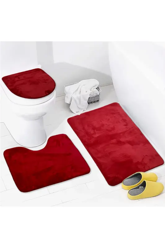 Unicolor Düz 3'lü Qizil Banyo Paspasi Gilami Seti Sirpanmaydigan Teri Taglik Yuviladigan Klozet Takimi-Qizil - 1