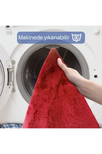 Unicolor Düz 3'lü Qizil Banyo Paspasi Gilami Seti Sirpanmaydigan Teri Taglik Yuviladigan Klozet Takimi-Qizil - 5