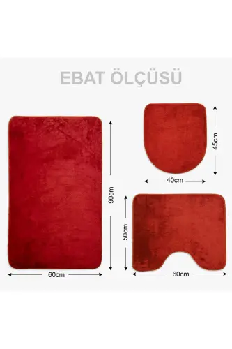 Unicolor Düz 3'lü Qizil Banyo Paspasi Gilami Seti Sirpanmaydigan Teri Taglik Yuviladigan Klozet Takimi-Qizil - 6