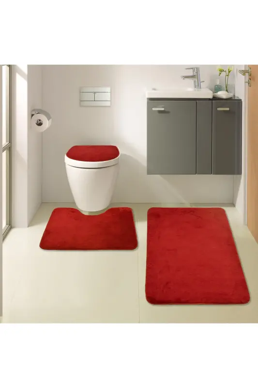 Unicolor Düz 3'lü Qizil Banyo Paspasi Gilami Seti Sirpanmaydigan Teri Taglik Yuviladigan Klozet Takimi-Qizil - 7