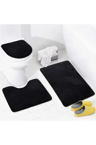 Unicolor Düz 3'lü Siyah Banyo Paspası Halısı Seti Kaymaz Deri Tabanlı Yıkanabilir Klozet Takımı-Siyah - 1