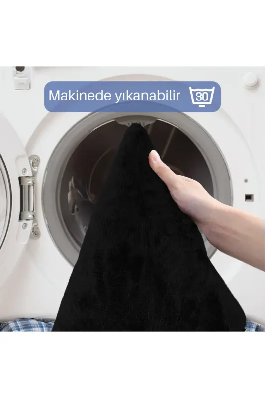 Unicolor Düz 3'lü Siyah Banyo Paspası Halısı Seti Kaymaz Deri Tabanlı Yıkanabilir Klozet Takımı-Siyah - 5
