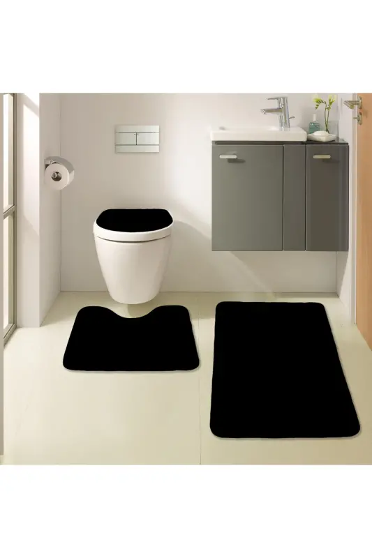 Unicolor Düz 3'lü Siyah Banyo Paspası Halısı Seti Kaymaz Deri Tabanlı Yıkanabilir Klozet Takımı-Siyah - 7