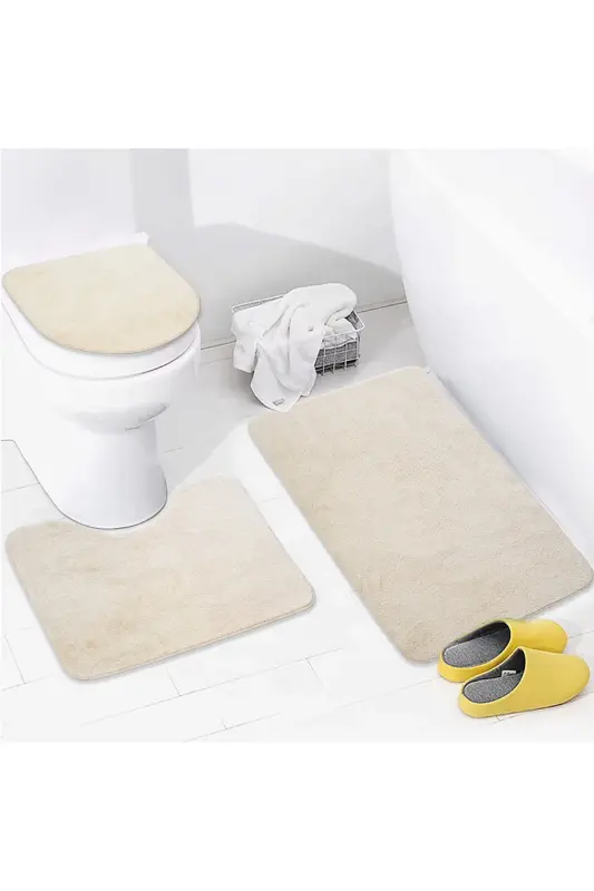 Unicolor Düz 3'lü Vizon Banyo Paspası Halısı Seti Kaymaz Deri Tabanlı Yıkanabilir Klozet Takımı-Vizon - 1