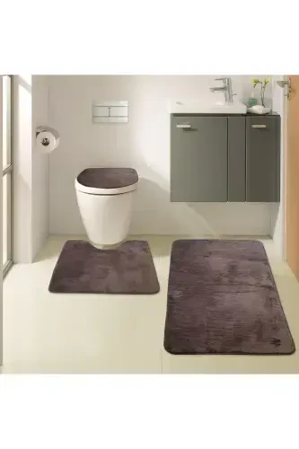 Unicolor Plain 3-Piece Coffee Bath Mat Rug Set Non-Slip Leather Based Washable Toilet Seat Cover Set-Brown - 7