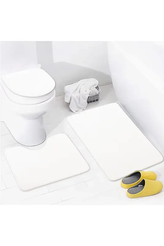 Unicolor Plain 3-Piece Cream Bath Mat Rug Set Non-Slip Leather Based Washable Toilet Seat Cover Set-Cream - 1