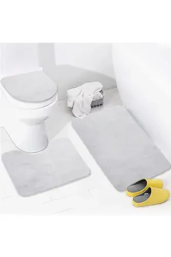 Unicolor Plain 3-Piece Gray Bath Mat Set Non-Slip Leather Based Machine Washable Toilet Seat Cover Set-Gray - 1
