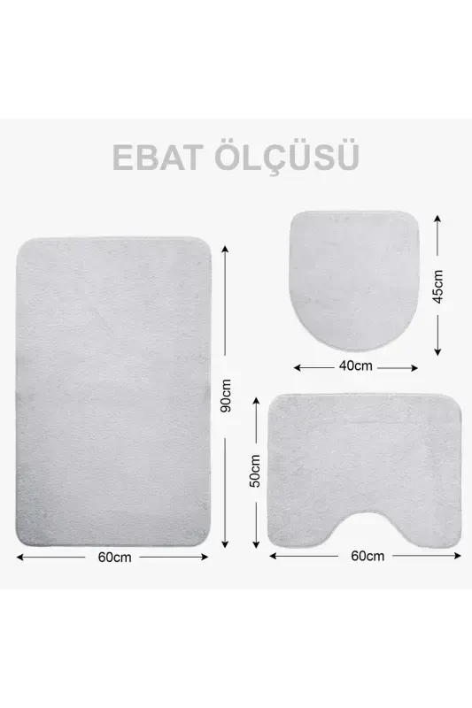 Unicolor Plain 3-Piece Gray Bath Mat Set Non-Slip Leather Based Machine Washable Toilet Seat Cover Set-Gray - 6