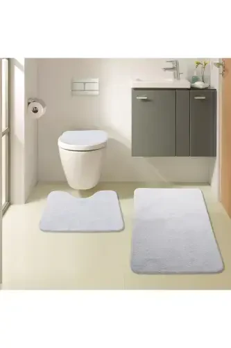 Unicolor Plain 3-Piece Gray Bath Mat Set Non-Slip Leather Based Machine Washable Toilet Seat Cover Set-Gray - 7