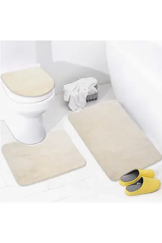 Unicolor Plain 3-Piece Mink Bath Mat Rug Set Non-Slip Leather Base Washable Toilet Lid Cover Set - Mink - 1