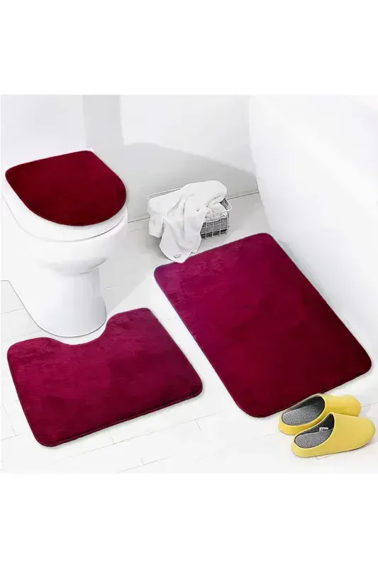 Unicolor Plain 3-Piece Plum Bathroom Rug Mat Set Non-Slip Leather Based Washable Toilet Seat Cover Set-Plum - AVANTAJ