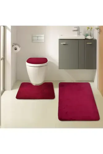 Unicolor Plain 3-Piece Plum Bathroom Rug Mat Set Non-Slip Leather Based Washable Toilet Seat Cover Set-Plum - 7