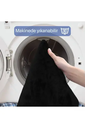 Unicolor tekis 3 qismli qora hammom gilamchasi to'plami sirpanmaydigan charm taglikli yuviladigan unitaz qopqog'i - qora - 5