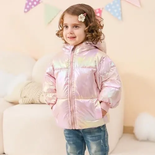 UNICOMIDEA Baby Girl Winter Coat Toddler Warm Down Zip Laser Jacket with Hooded For 12M-5T - 4