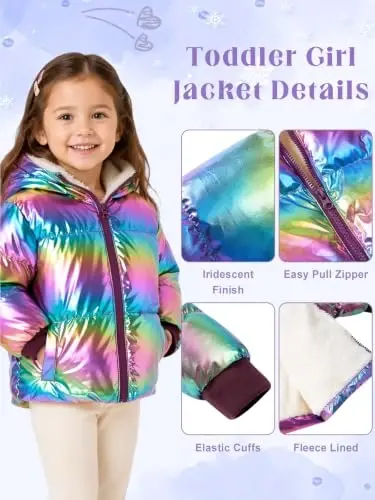 UNICOMIDEA Baby Girls Winter Coat Laser Hooded Puffer Jacket 12M-5T | Color Shifting Shell, Soft Fleece Lining, Elastic Cuffs, Full Zip, Two Front Pockets, for Cold Weather - 6