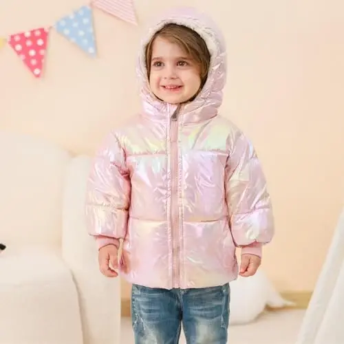 UNICOMIDEA Baby Girl Winter Coat Laser Toddler Jackets Warm Down Outerwear with Hooded for 12M-5T - 2