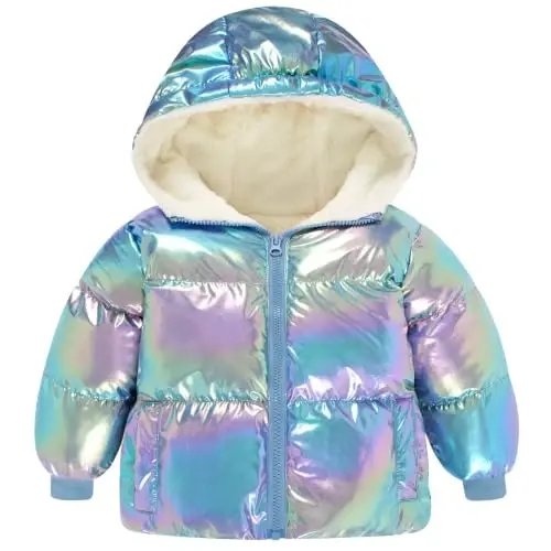 UNICOMIDEA Toddler Girl Iridescent Winter Coat Hooded Puffer Jacket 12M-5T | Color Shifting Shell, Soft Fleece Lining, Elastic Cuffs, Full Zip, Two Front Pockets, for Cold Weather - 1