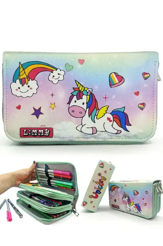 Unicorn Candy Themed Pencil Case Modeler Pencil Box Vegan Leather Three Compartment Pencil Case-UniSugar - 1