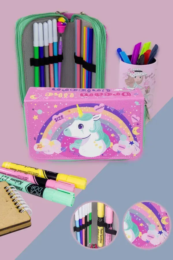 Unicorn Dream Like Pen Box Organizer Three Compartments (PINK PEN CASE) - 1