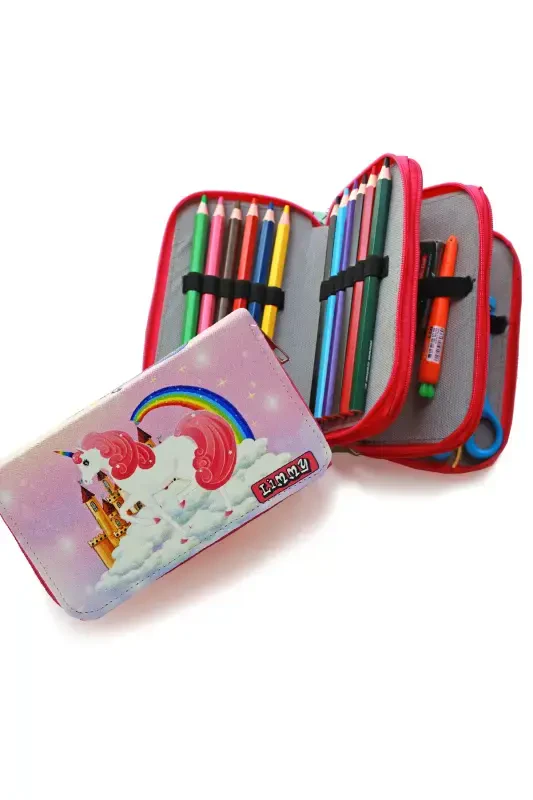Unicorn Land Theme Modeler Pencil Case Pencil Case Vegan Leather Three Compartment Pencil Holder-No colour - 3