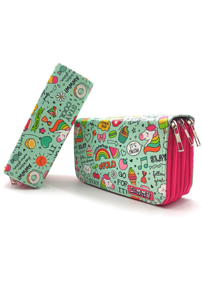 Unicorn Patterned Kawai Organizer Pencil Case Vegan Leather Three Compartment Pencil Holder - LIMMY (1)