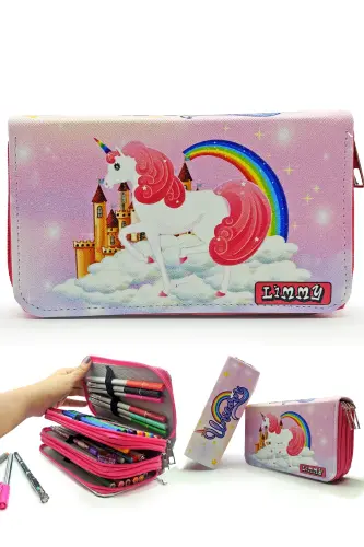 Unicorn Ülkesi Temalı Modelist Kalem Kutusu Kalemkutu Vegan Deri Üç Bölmeli Kalemlik-No colour 