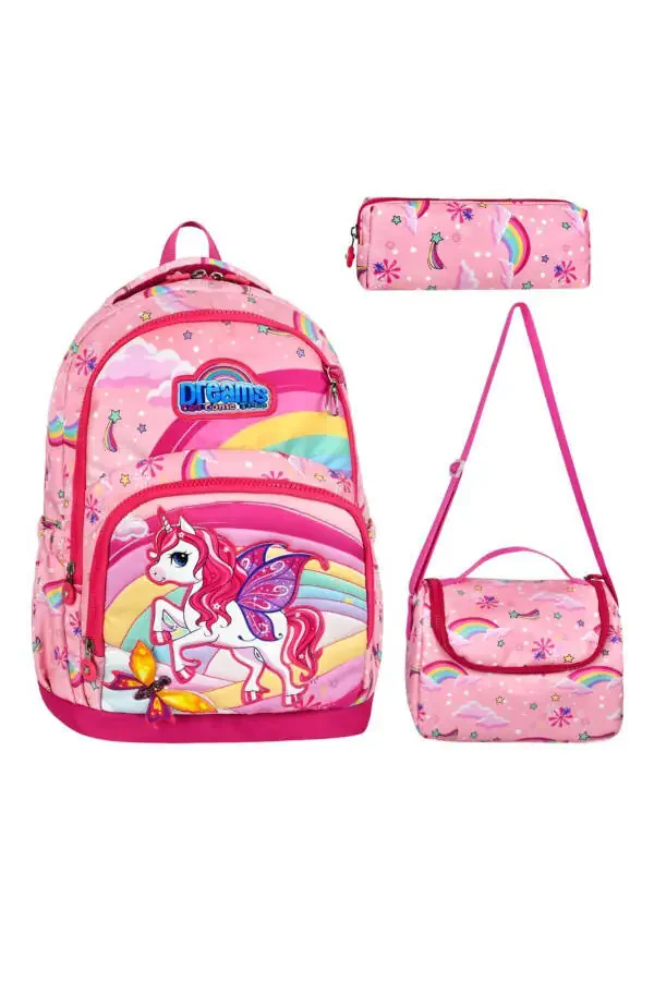 Unicornsh shaklli qizlar uchun ortopedik orqa tarafini qo'llab-quvvatlovchi, hashamatli boshlang'ich maktab ryukzagi to'plami, ovqatlanish va qalamlar uchun joy bilan - 1