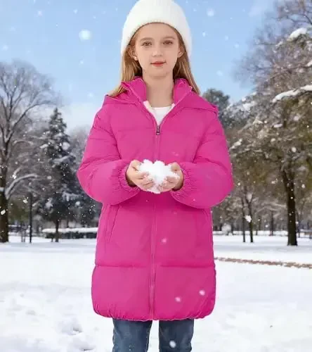UNIFACO Girls Qishki Palto Kapüşonlu Puffer Kurtkalar O'rta Uzunlikdagi Pastga O'xshash Paxta Palto Qor Tashqi Kiyim 5-12Y - 3