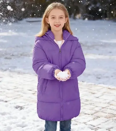 UNIFACO Girls Qishki Palto Kapüşonlu Puffer Kurtkalar O'rta Uzunlikdagi Pastga o'xshash Paxta Palto Qor Tashqi Kiyim 5-12Y - 5