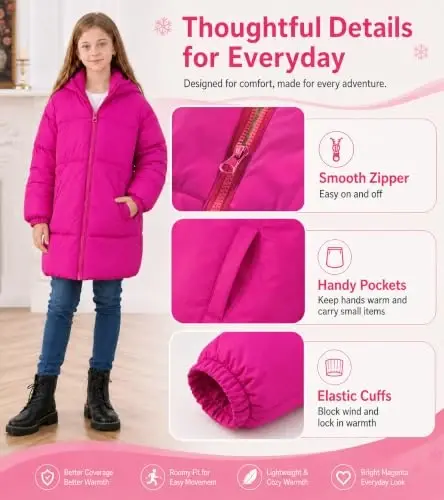 UNIFACO Girls Winter Coat Fleece Lined Long Hooded Puffer Jacket 5-12Y | Windproof and Heavyweight, Warm Longline Coverage with Arctic Fleece and High Collar, for School, Travel and Outdoor Play - UNIFACO (1)