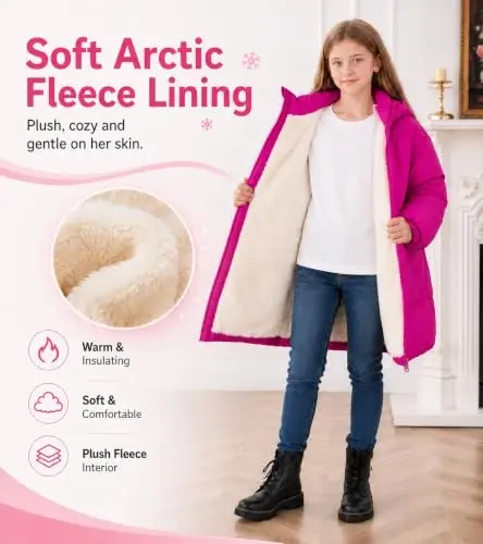 UNIFACO Girls Winter Coat Fleece Lined Long Hooded Puffer Jacket 5-12Y | Windproof and Heavyweight, Warm Longline Coverage with Arctic Fleece and High Collar, for School, Travel and Outdoor Play - 3