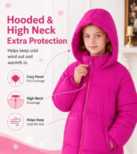 UNIFACO Girls Winter Coat Fleece Lined Long Hooded Puffer Jacket 5-12Y | Windproof and Heavyweight, Warm Longline Coverage with Arctic Fleece and High Collar, for School, Travel and Outdoor Play - 4