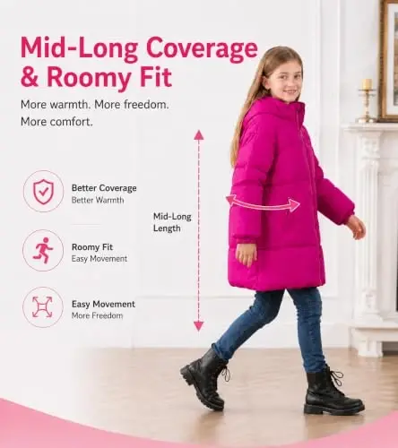 UNIFACO Girls Winter Coat Fleece Lined Long Hooded Puffer Jacket 5-12Y | Windproof and Heavyweight, Warm Longline Coverage with Arctic Fleece and High Collar, for School, Travel and Outdoor Play - 5