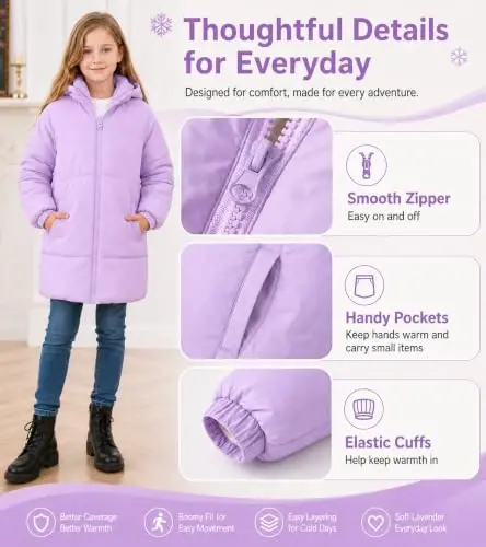 UNIFACO Girls Winter Coat Fleece Lined Long Hooded Puffer Jacket 5-12Y | Windproof and Heavyweight, Warm Longline Coverage with Arctic Fleece and High Collar, for School, Travel and Outdoor Play - 2