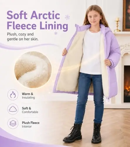 UNIFACO Girls Winter Coat Fleece Lined Long Hooded Puffer Jacket 5-12Y | Windproof and Heavyweight, Warm Longline Coverage with Arctic Fleece and High Collar, for School, Travel and Outdoor Play - 3