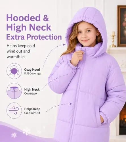 UNIFACO Girls Winter Coat Fleece Lined Long Hooded Puffer Jacket 5-12Y | Windproof and Heavyweight, Warm Longline Coverage with Arctic Fleece and High Collar, for School, Travel and Outdoor Play - 4