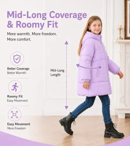 UNIFACO Girls Winter Coat Fleece Lined Long Hooded Puffer Jacket 5-12Y | Windproof and Heavyweight, Warm Longline Coverage with Arctic Fleece and High Collar, for School, Travel and Outdoor Play - 5