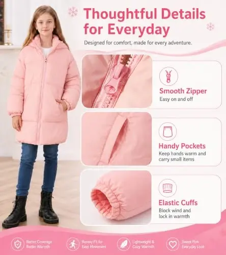 UNIFACO Girls Winter Coat Fleece Lined Long Hooded Puffer Jacket 5-12Y | Windproof and Heavyweight, Warm Longline Coverage with Arctic Fleece and High Collar, for School, Travel and Outdoor Play - 2
